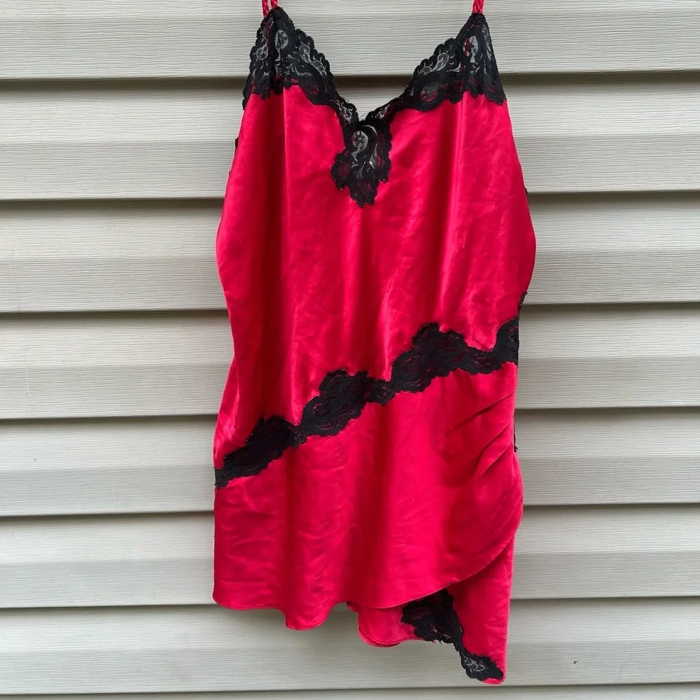 Vintage Victorias Secret L gold label red satin lace slip dress coquette siren